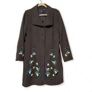 Pretty grey knee length coat with velvet buttons and trim and embroidery M